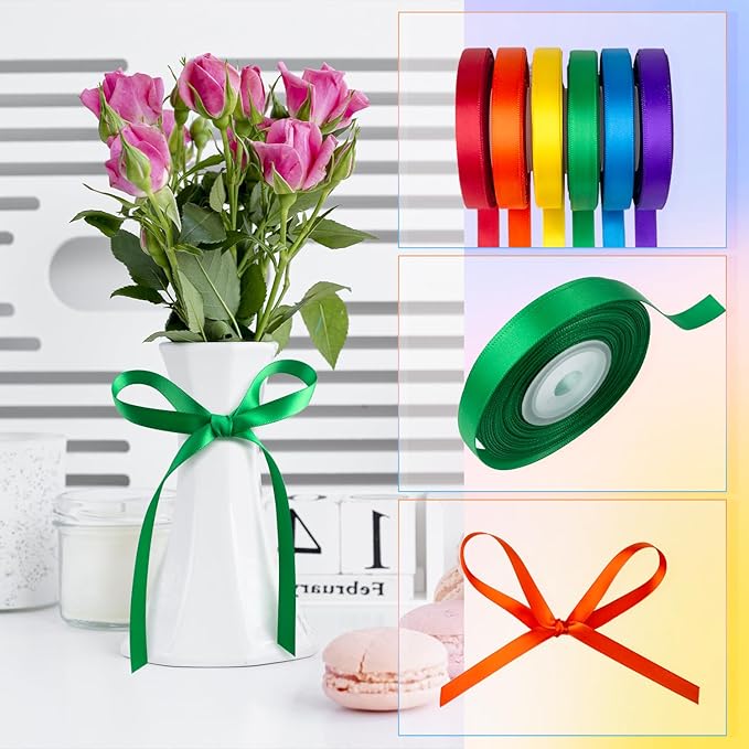 Rainbow Satin Ribbon 3/8 Inch Wide Colorful Ribbon Bulk Ribbon Rolls Assorted Solid Color Double Faced Satin Ribbon for Crafts Gift Wrapping Hair Bows Wedding Flower Bouquet Invitation - 60Yds