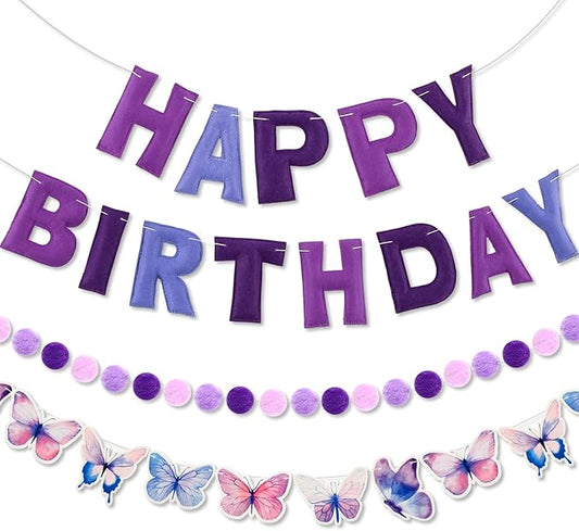 Mindsoft Pre Strung 3 Pcs Happy Birthday Banner Felt Ball Garland Butterflies Banner Reusable Bulk purple Birthday Decorations for Girls Boys Women Men