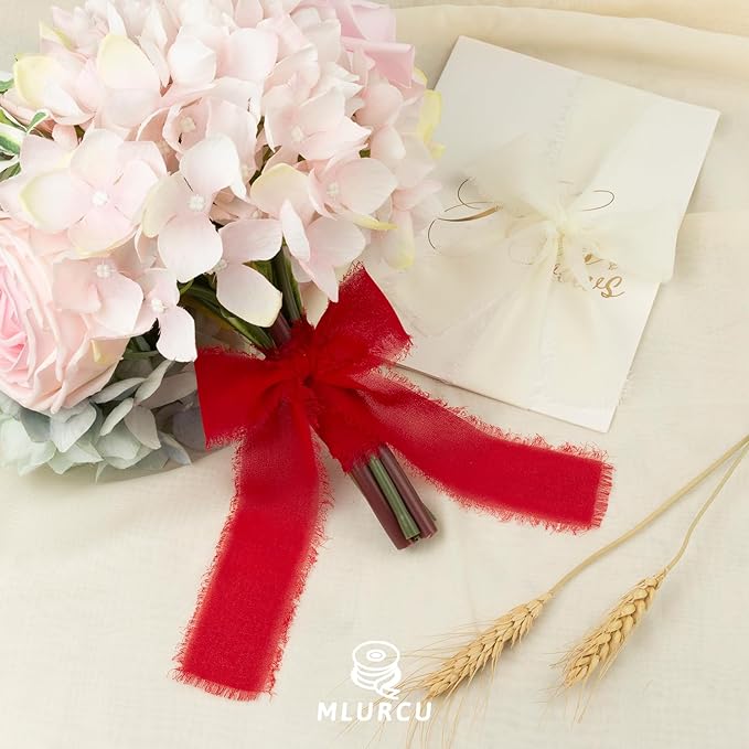 Red Chiffon Ribbon 1.5 Inch x 21Yds Handmade Fringe Chiffon Silk Ribbon Burgundy/Cream/Red Frayed Chiffon Ribbon for Wedding Invitation Flower Bouquets Bridal Shower Gift Wrapping