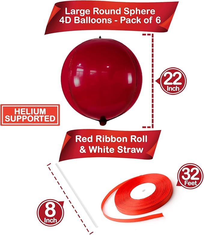 KatchOn, Big Metallic Ruby Red Balloons - 22 Inch, Pack of 6 | Round 4D Mylar Balloon for Birthday Party Decorations | Cherry Red Balloons for Wedding, Anniversary Decor, Red Party Decorations