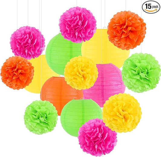 zilue Glow in the Dark Party Supplies, Paper Lanterns and Pom Poms Flowers for Birthday Party Baby Shower Wedding Shower Decor Pack of 15 Pieces