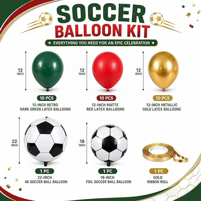 Soccer Balloons, Dark Green Red and Gold Football Theme Balloons with 4D Foil Football Balloon for Boys Kids Soccer Birthday Sports Themed Baby Shower Graduation Party Decorations