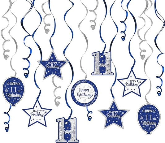 Happy 11th Birthday Blue & Silver Glitter Swirls Streamers Party Decorations - 15 Pcs 11th Birthday Hanging Swirls Streamers Kit,Cheers to Eleven Years Old Bday Party Sign.