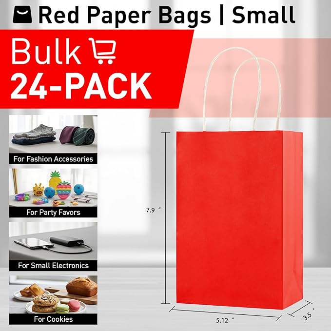 SUNCOLOR Red Gift Bags with Tissue Paper, 24 Pack Small Kraft Paper Shopping Bags with Handles, 7.9x5.12x3.15 Inches, for Christmas, Valentine's Day, Birthdays, Anniversaries