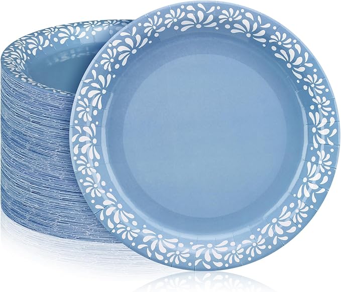 Yungyan 100 Pcs 9 Inch Blue Cielito Lindo Party Decoration Cielito Lindo Paper Plates Platos De Barro Mexican Plates for Baby Shower Talavera Wedding