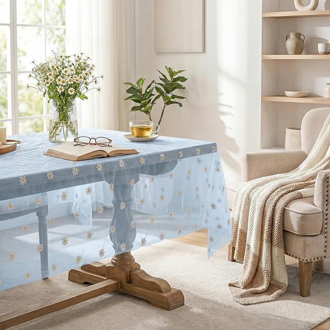 Horaldaily Blue Embroidery Daisy Spring Summer Gauze Tablecloth 60×120 Inch Rectangular, Seasonal Tulle Table Cover, Garden Party Decorations for Wedding, Party, Holiday Dining