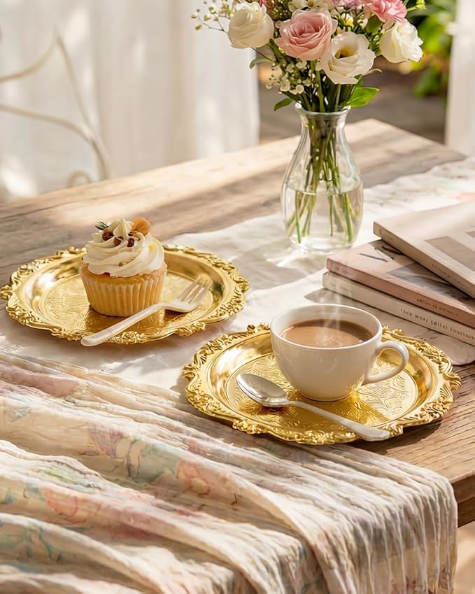 Gold Decorative Tray Set of 2, 10'' Round Vintage Metal Serving Tray, Medium Ornate Coffee Table Centerpiece, Vanity Tray for Perfume, Jewelry, Party Decor