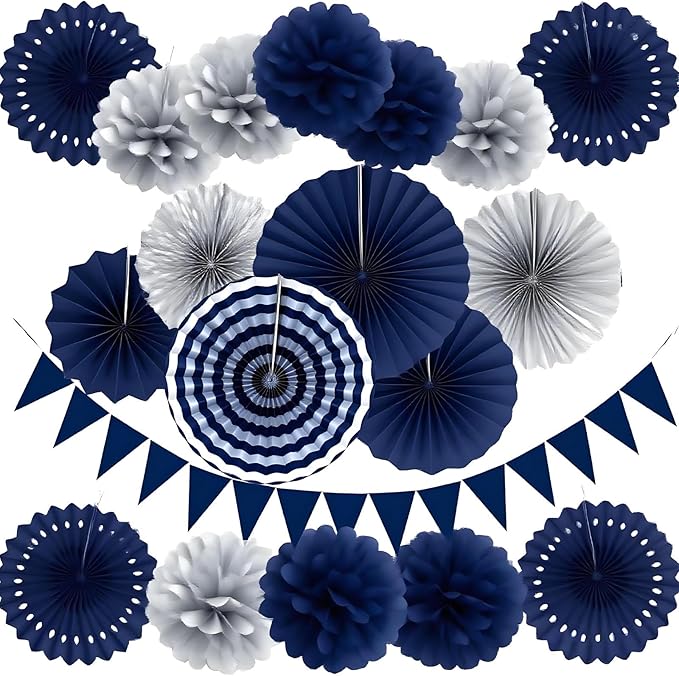 XIKSXITN 12 pc Silver Blue Tissue Paper Pom-poms - Hanging Paper Flowers Ball for Party Decorative (10&12 inch)