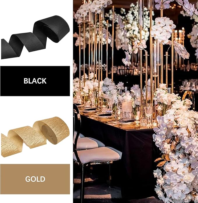 PartyWoo Crepe Paper Streamers 6 Rolls 492ft, Pack of Crepe Paper in Black and Gold Color, Black and Gold Streamers, Crepe Paper for Birthday Decorations, Party Decorations (1.8 in x 82 Ft/Roll)