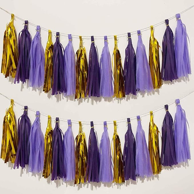 We MomentPurple and Gold Tissue Paper Tassels Party Tassel Garland Banner for Purple Gold Party Decorations, DIY Kits,15 PCS