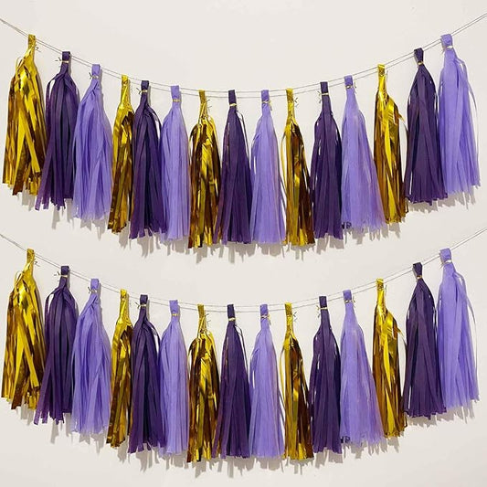 We MomentPurple and Gold Tissue Paper Tassels Party Tassel Garland Banner for Purple Gold Party Decorations, DIY Kits,15 PCS