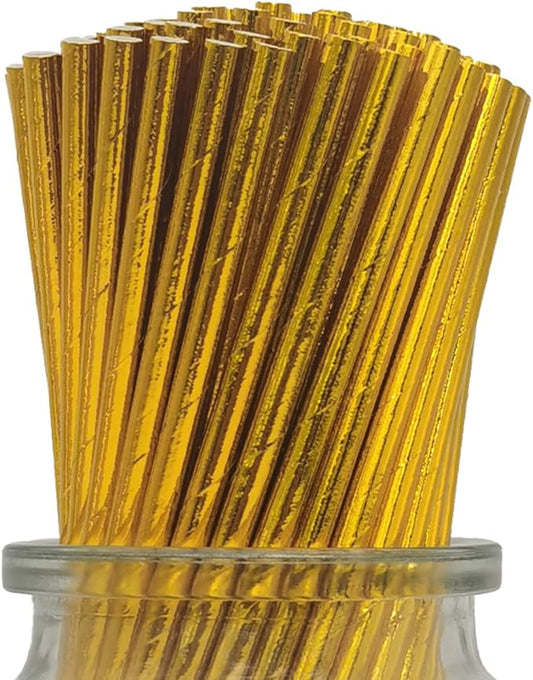 Foil Gold Paper Straws, 100-Pack Disposable Solid Golden Drinking Straw for Christmas Party Supplies, Cake Pop Sticks, Bridal Shower, Birthday, Wedding Decoration
