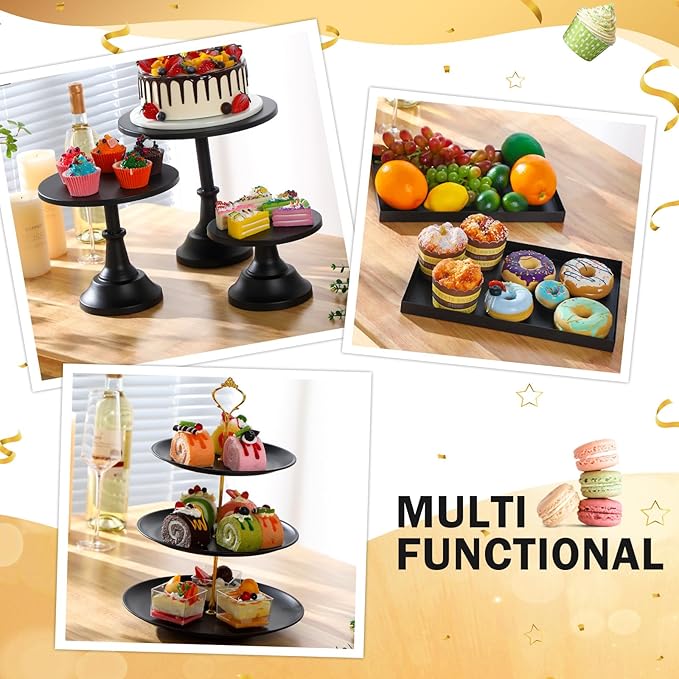 Tioncy 7 Pcs Cake Stand Set Metal Cupcake Holder Dessert Table Display Cupcake Display Plate Serving Platter Dessert Table Stands and Trays Set for Baby Shower Wedding Birthday Xmas Party (Black)