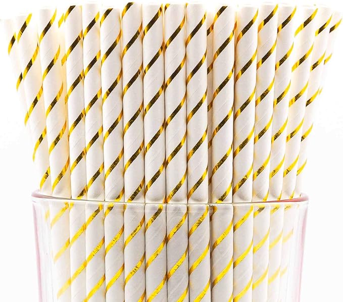 Pack of 300 Gold Foil Stripes Biodegradable 4-Ply Paper Drinking Straws (Compostable, Non-toxic, BPA-free)