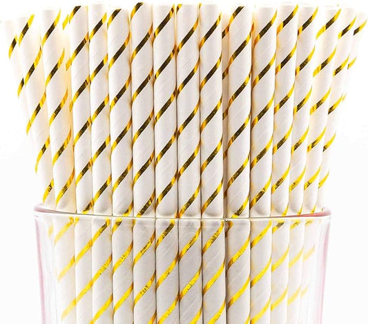 Pack of 300 Gold Foil Stripes Biodegradable 4-Ply Paper Drinking Straws (Compostable, Non-toxic, BPA-free)