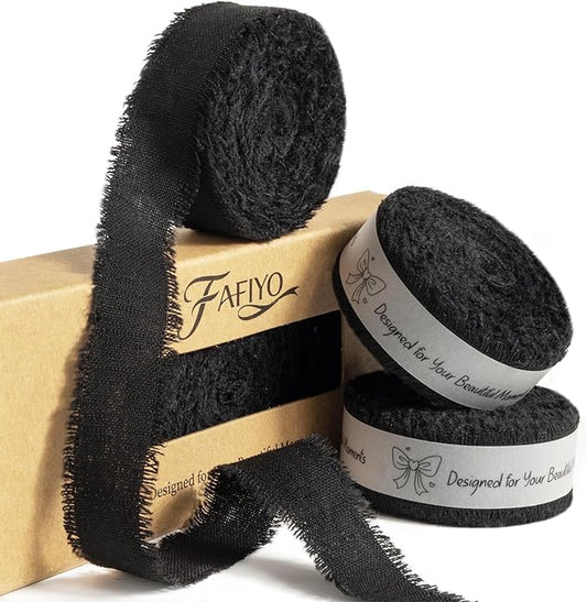 Black Cotton Ribbon 5/8 Inch Black 3 Rolls 21 Yards Frayed Edge Fabric Set for Wedding Decor, Graduation Party, Gift Wrapping, Gothic Party & Halloween Decor