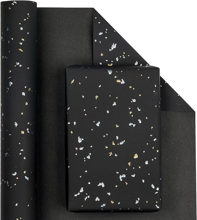 MAYPLUSS Wrapping Paper Roll - 17in x 16.5Ft - Luxury Thick Black Gold Foil Flakes Marvelous Satin Texture Matte Gift Wrap Paper for Birthdays, Anniversaries, Christmas, Father's Day