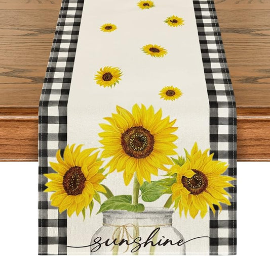 Artoid Mode Buffalo Plaid Sunflower Sunshine Vase Summer Table Runner, Spring Kitchen Dining Table Decoration for Home Party Decor 13x90 Inch