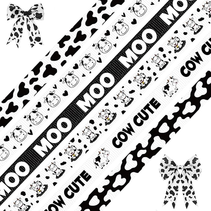 6 Roll Cow Print Ribbons, 3/8 Inch x 30 Yard Black White Cow Spot Ribbon, Gift Wrap Grosgrain Ribbons, Animal Print Craft Ribbon for Farm Party Favor Christmas Wreath Bow DIY Craft Decor
