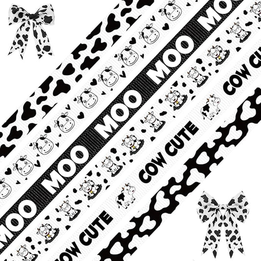 6 Roll Cow Print Ribbons, 3/8 Inch x 30 Yard Black White Cow Spot Ribbon, Gift Wrap Grosgrain Ribbons, Animal Print Craft Ribbon for Farm Party Favor Christmas Wreath Bow DIY Craft Decor