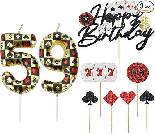 Casino Birthday Number Candles for Cake, Glitter Casino Birthday Cake Topper for Casino Themed Birthday Party Decoration, Poker Birthday Candles(Number 59 & 95)