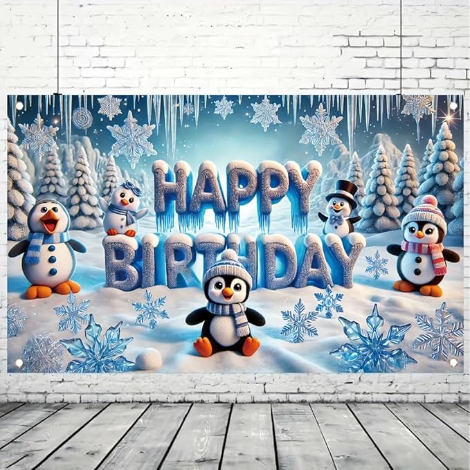 Winter Penguin Happy Birthday Party Banner 71X43INCH Double Sided Outdoor Yard Signwith Snowflakes LCE and Cute Penguins for Winter Wonderland Birthday Party Decoration