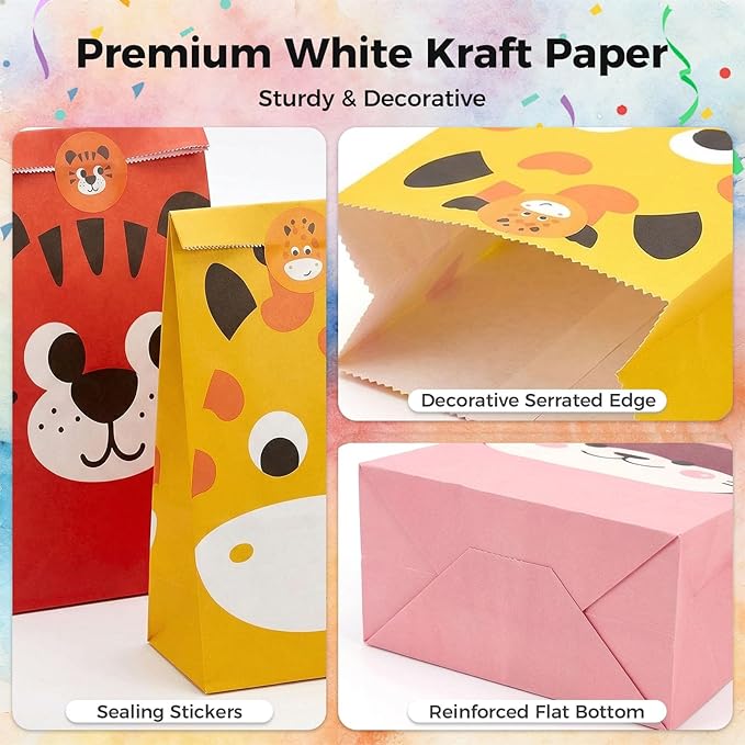 VGOODALL 36 Pack Animal Party Favor Bags with Stickers - 8.7"x4.7"x3.1" Jungle Safari Paper Goodie Bags, 4 Cute Animal Designs for Kids Birthday, Classroom Rewards, Baby Shower & Gift Packaging