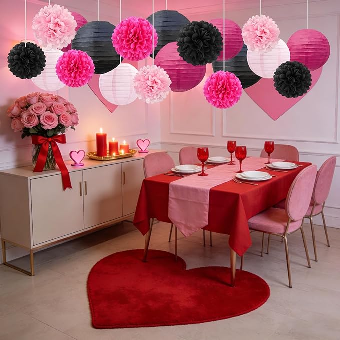 18 PCS Black Pink Paper Lanterns & Tissue Paper Pom Poms for Girls Birthday, Baby Shower, Wedding, Bridal Shower, Hanging Paper Decor for Indoor Outdoor Events Party Supplies