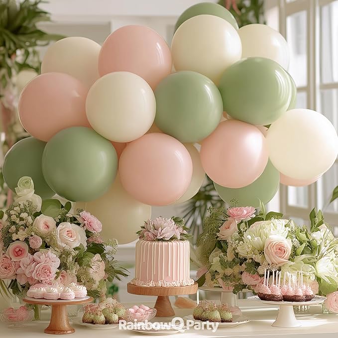Pink and Green Balloons 12 Inch 67PCS White Sage Green Balloons Latex Helium Balloon Set for Anniversary Wedding Birthday Party Decorations