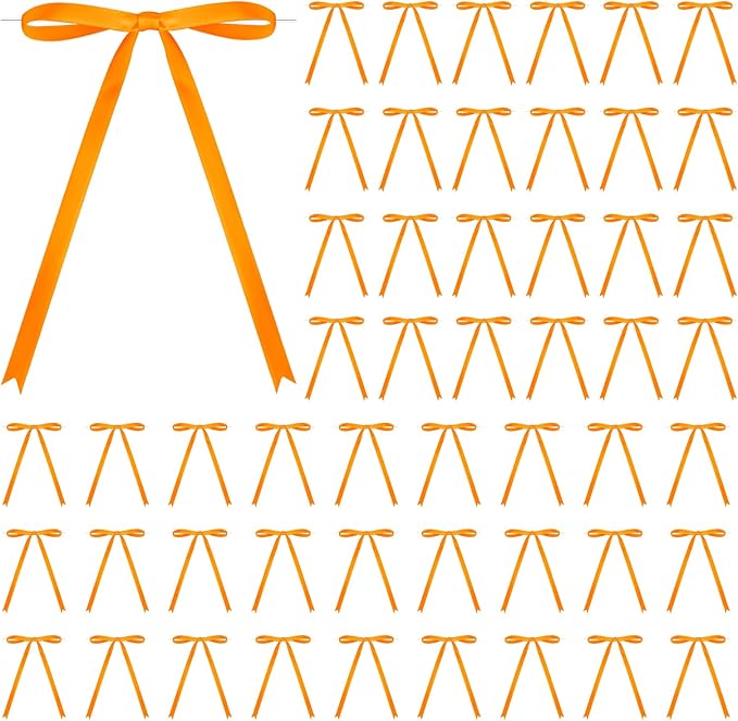 50 Pcs Satin Ribbon Bows 5x7 Inch Twist Tie Bows, Cute Bow Decor for Gift Wrapping, Cake Treat Bags, Craft DIY Gift, Party Favors Wedding Decorations (Orange)