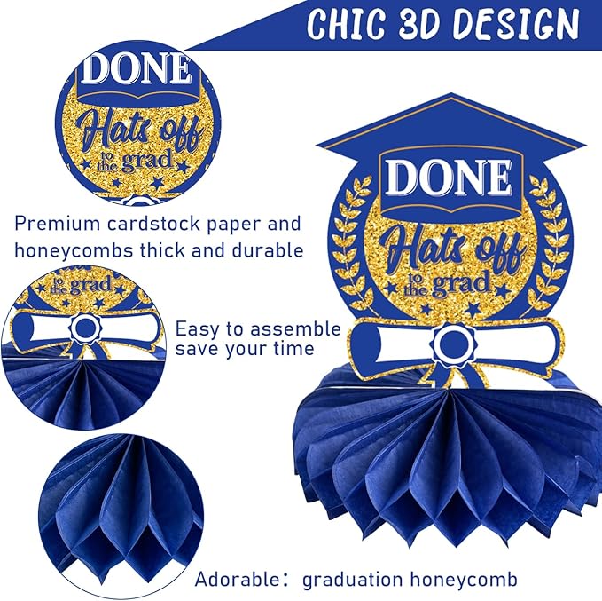 Graduation Decorations Class of 2026 Blue Congrats Grad Honeycomb Centerpieces Congratulate Graduation Table Toppers for Graduation Party Supplies (Blue Gold)