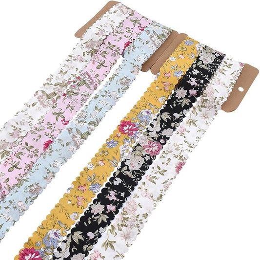 6 Colors 12 Yards 1 Inch Flower Print Ribbon Spring Summer Floral Fabric Wavy Edge Vintage Rose Printed Polyester Bouquet Flowers Ribbons for Gift Wrapping Bow Wreath Sewing Diy Craft Supply