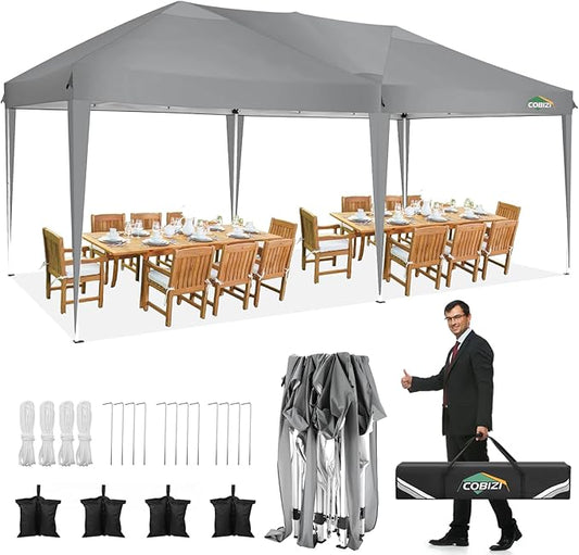 COBIZI 10x20 Pop up Canopy Tent Without Sidewall, Waterproof Portable Outdoor Canopy 10x20 Instant Shelter Tent for Parties, Wedding, Backyard, Carport with Carry Bag & 4 Sandbags(Gray)