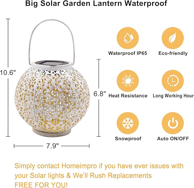 Outdoor Solar Big Lantern Waterproof Mothers Day Garden Gifts for Mom Women ,Solar Garden Lights for Backyard Table Walkway,Birthday Gifts for Grandma Wife (White,1Pack)