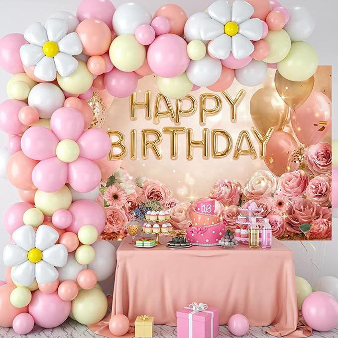 Mocsicka Rose Gold Birthday Backdrop Pink Balloon Floral Decorations for Women Girls Gold Anniversary Party Photography Background (Rose Gold, 70.8 x 43.3 Inch)