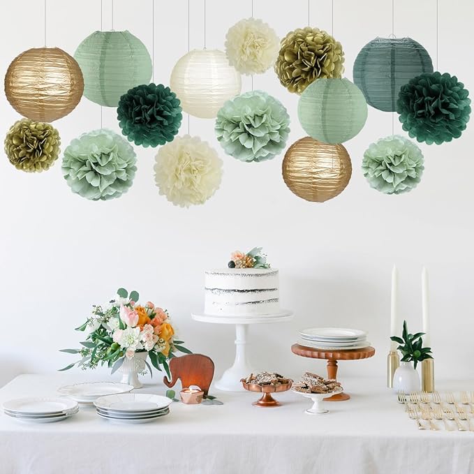 Sage Green Party Decorations, Paper Lanterns and Pom Poms Flowers for Birthday Party Baby Shower Wedding Shower Decor Gold/Ivory/Sage Green 15pcs