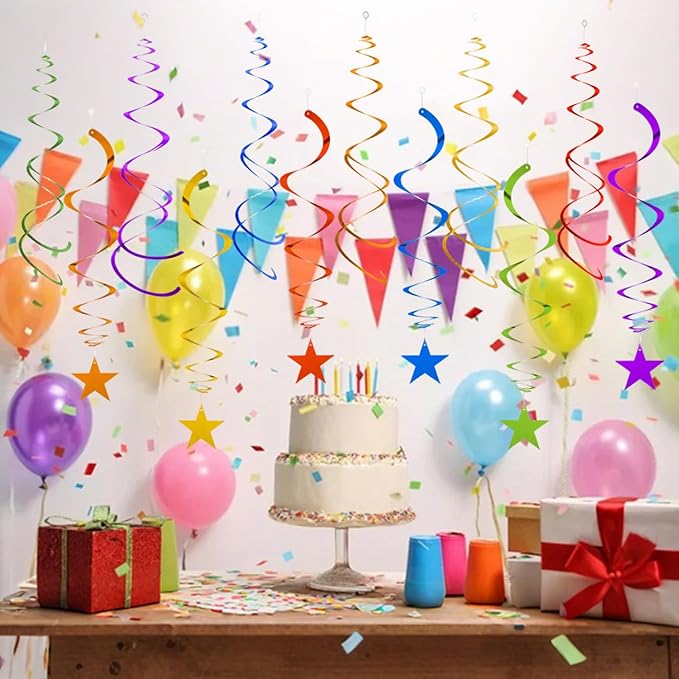 GAKA Rainbow Foil Hanging Ceiling Swirls Garland,Colourful Star Swirl Streamer Decorations for Birthday,Anniversary,Graduation Party Supplies(24Pcs)