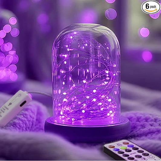 ZSJWL 6 Pack Rechargeable Fairy Lights with Remote & DIY Timer, 7Ft 20LED Mini Battery String Light, Twinkle Silver Copper Wire Lights for Wedding Party Bedroom Christmas Table Decoration (Purple)