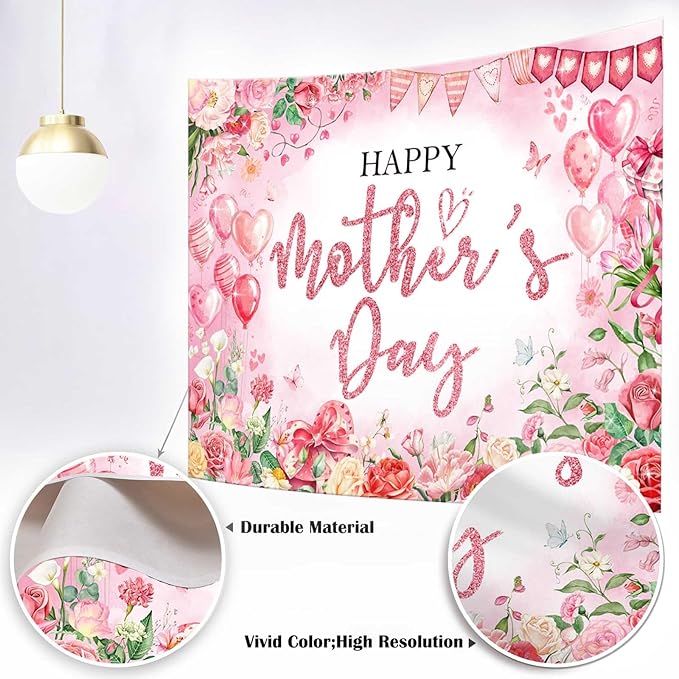 Mocsicka Happy Mother's Day Bakcdrop Pink Floral Mothers Day Party Decorations Banner for Women Festival Birthday Party Background Supplies Photo Booth Props (Pink, 10x8ft(120"x96"))