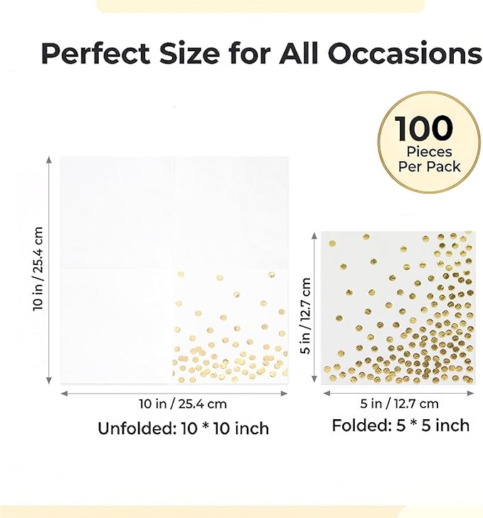 Gold Foil Cocktail Napkins 100 Pack, 3-Ply Disposable Paper Napkins, 5x5 Inch Beverage Napkins for Wedding, Bridal Shower, Birthday Party, White with Gold Dots