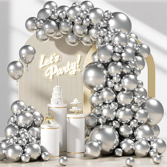 Awenztech 120pcs Metallic Silver Balloon Arch Kit, 18 12 10 5 inch Chrome Silver Latex Balloons Different Sizes Balloon Garland for Wedding Baby Shower Disco Birthday Party Decorations