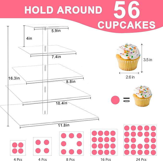 weddingwish 5 Tier Cupcake Stand, Acrylic Cupcake Tower Stand, Square Tiered Display Stand, Clear Dessert Table Display Stand for Wedding,Birthday,Party