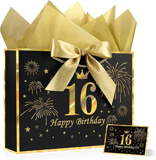 JMANNI Black Gold 16th Birthday Gift Bag with Card and Tissue Paper, 12.6"×9.84"×3.9" Elegant Present Bag for Teens, 16 Year Old Birthday Keepsake Party Supplies