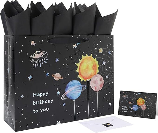 Qirrmiy 16.5” Extra Large Space Birthday Gift Bag Set with Handles, Greeting Card, Black Tissue Papers and Stickers for Boys Teens for Baby, Kids‘ Birthday Party, Newborn, 1 Pcs