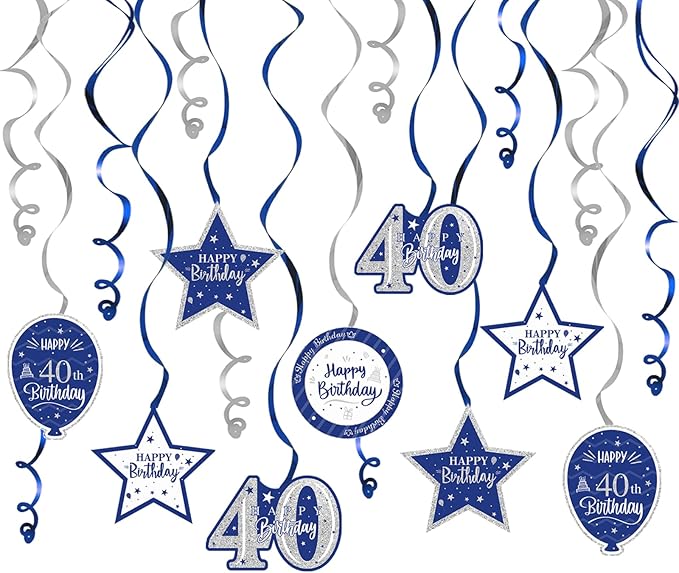Happy 40th Birthday Blue & Silver Glitter Swirls Streamers Party Decorations - 15 Pcs 40th Birthday Hanging Swirls Streamers Kit,Perfect for 40th Bday Party Sign.