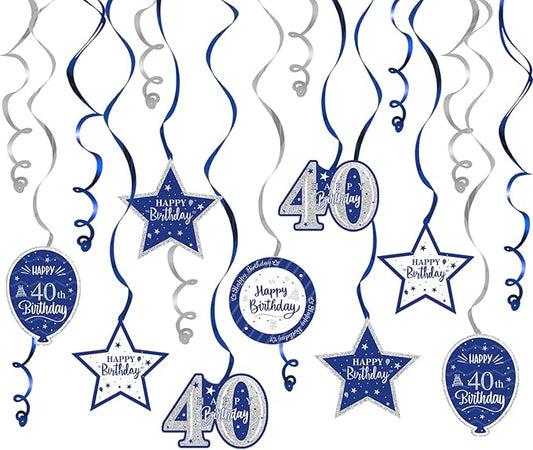 Happy 40th Birthday Blue & Silver Glitter Swirls Streamers Party Decorations - 15 Pcs 40th Birthday Hanging Swirls Streamers Kit,Perfect for 40th Bday Party Sign.