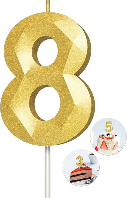 Number Birthday Candles(8 Candle Gold) 3D Diamond Shape Number Happy Birthday Cake Candles for Birthday Party Wedding Decoration Reunions Theme Party