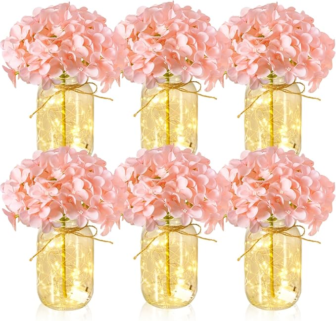 6 Sets Mason Jar with Lights Pink Hydrangea Decorative Pink Centerpieces for Tables Mason Jars Flowers Decorations LED Farmhouse Vase for Home Wedding Event Party Decor