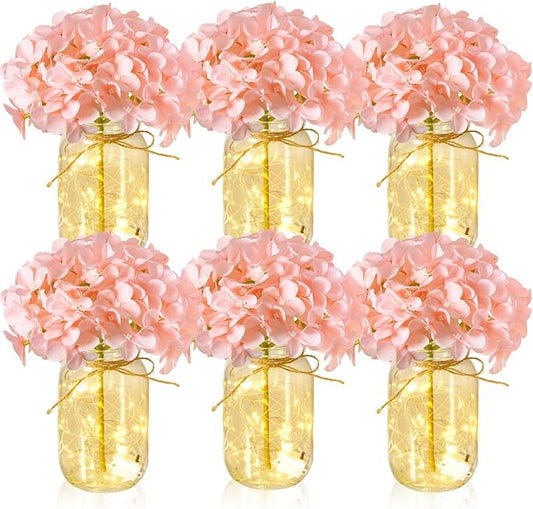 6 Sets Mason Jar with Lights Pink Hydrangea Decorative Pink Centerpieces for Tables Mason Jars Flowers Decorations LED Farmhouse Vase for Home Wedding Event Party Decor