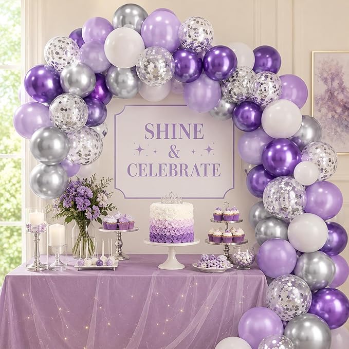Purple and Silver Balloons 60PCS Pastel Purple Balloons, 12 Inch Metallic Silver Confetti and White Latex Balloon for Girls Women Birthday Wedding Baby Shower Bridal Shower Graduation Party Decor